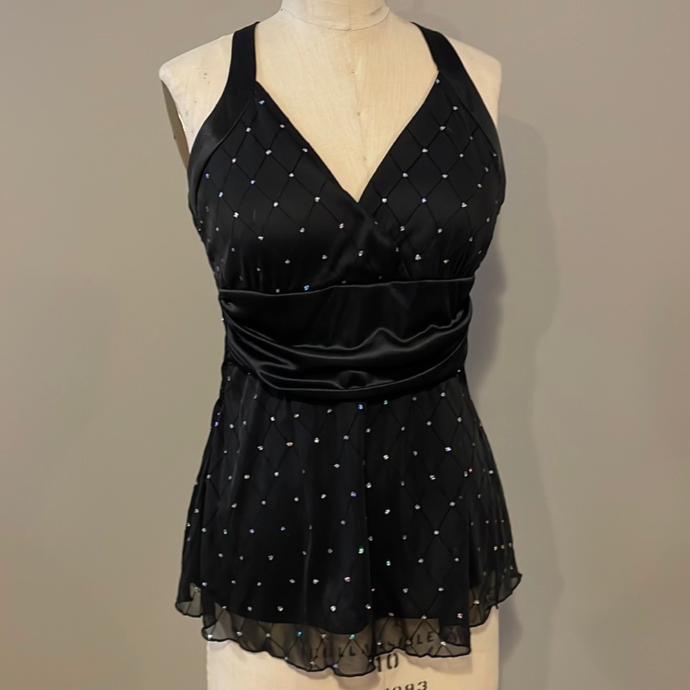 R&M Richards Black Sequin Sheer cross cross back blouse - Picture 1 of 6